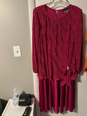 Alex Evenings Fuchsia Long Sleeve Pleated Dress with Bow